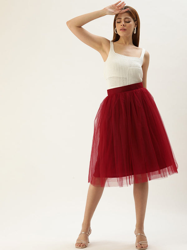 MAROON PLEATED TULLE SKIRT