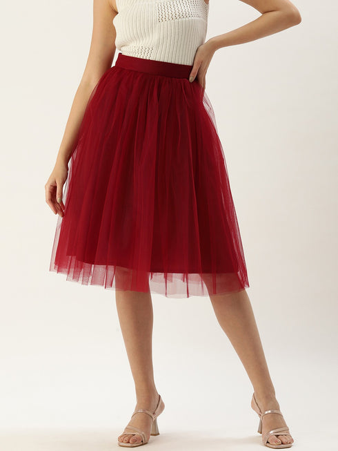 MAROON PLEATED TULLE SKIRT