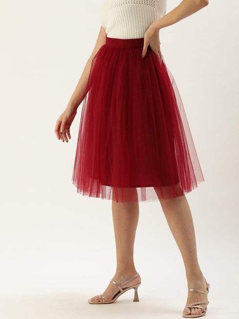 MAROON PLEATED TULLE SKIRT