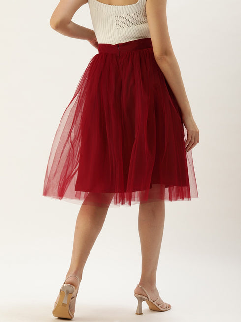 MAROON PLEATED TULLE SKIRT