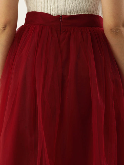 MAROON PLEATED TULLE SKIRT