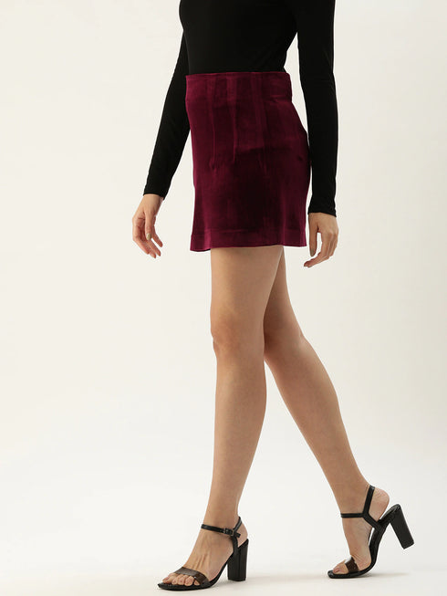 MAROON VELVET DOUBLE DARTED MINI SKIRT