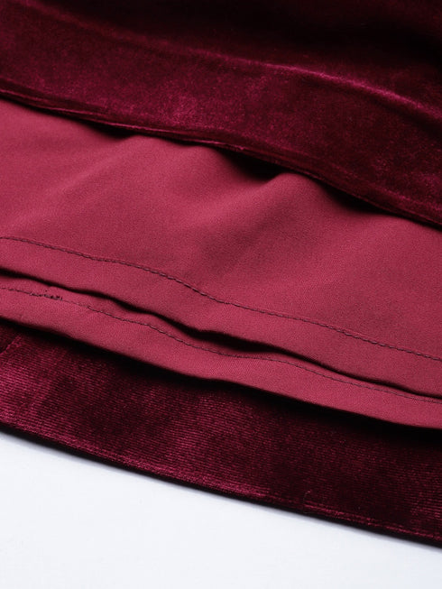 MAROON VELVET DOUBLE DARTED MINI SKIRT