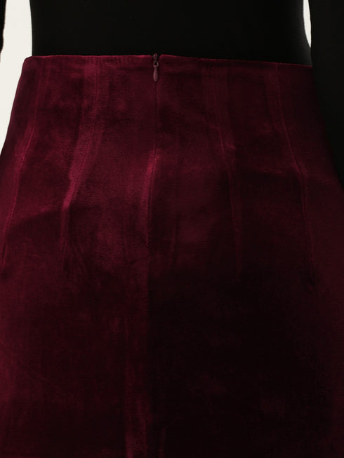 MAROON VELVET DOUBLE DARTED MINI SKIRT