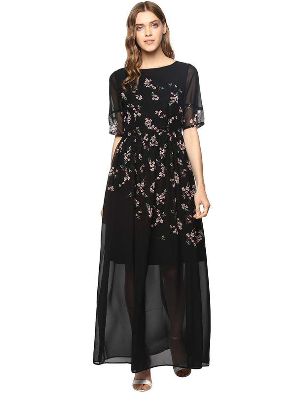 CAMILLA BLACK FLORAL FIT AND FLARE MAXI DRESS