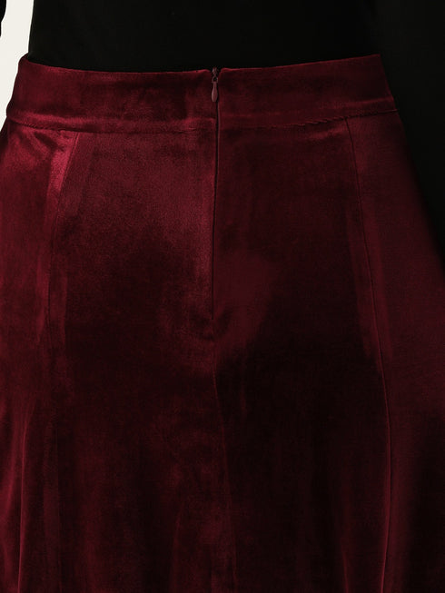 MAROON VELVET PANELLED MINI SKIRT