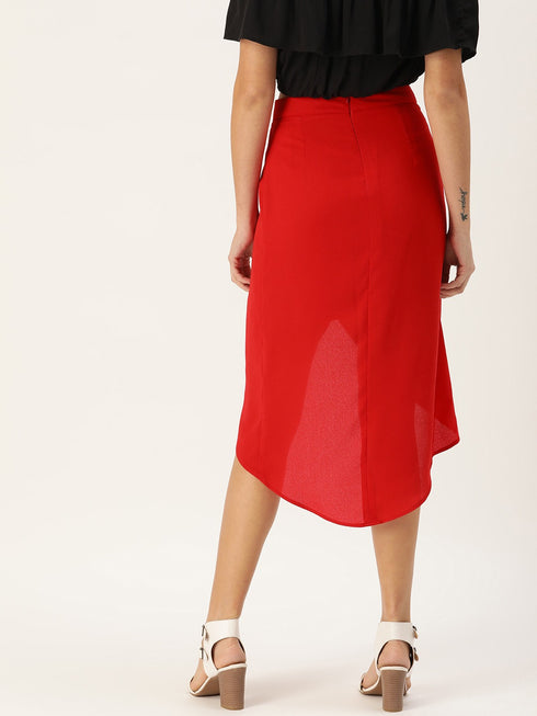 RED FAUX WRAP MIDI SKIRT