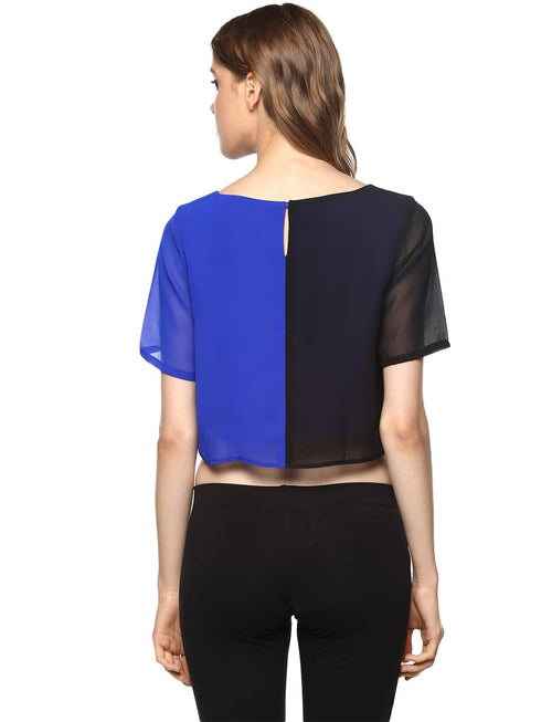 BLUE COLOURBLOCK BOXY-STYLE CROP TOP