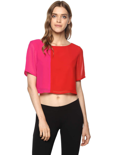 RED COLOURBLOCK BOXY-STYLE CROP TOP