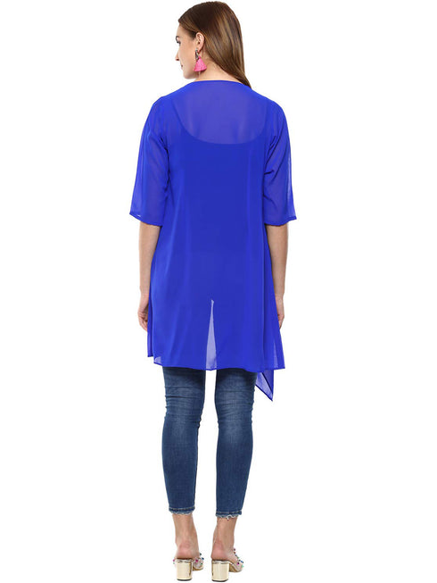 BLUE DRAPE FRONT LONGLINE JACKET