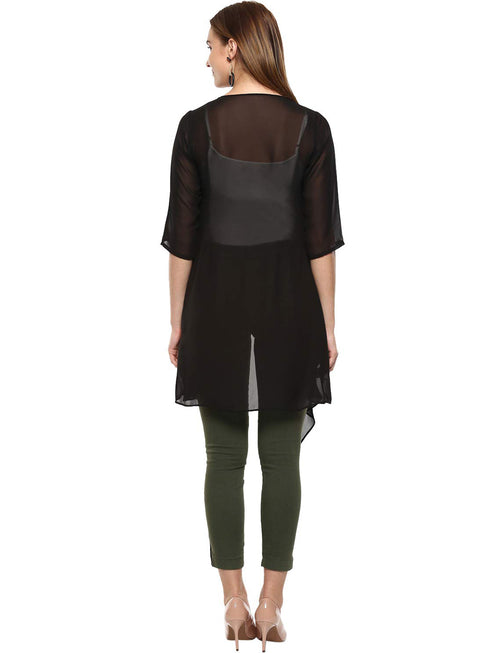 BLACK DRAPE FRONT LONGLINE JACKET
