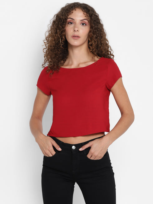 RED RUCHED BACK CROP TOP