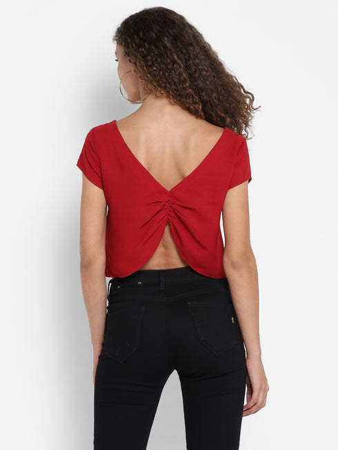 RED RUCHED BACK CROP TOP