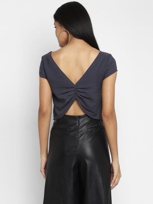 GREY RUCHED BACK CROP TOP