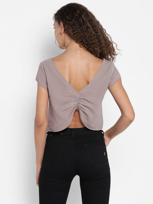 TAUPE RUCHED BACK CROP TOP