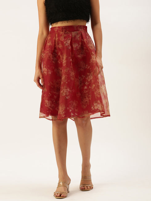 FLORAL ORGANZA BOX PLEAT MIDI SKIRT