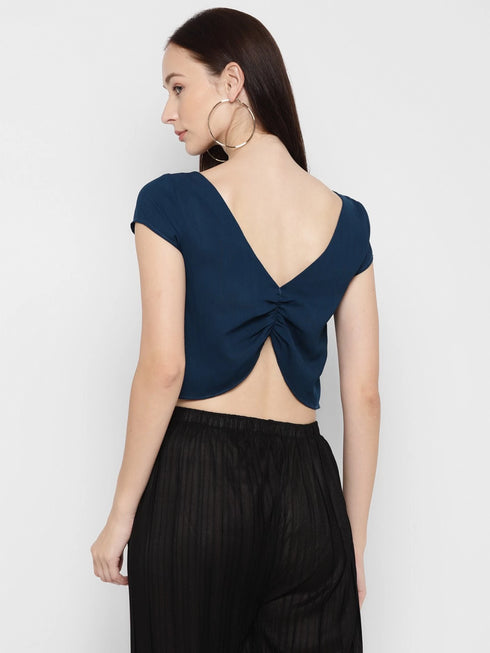 TEAL RUCHED BACK CROP TOP
